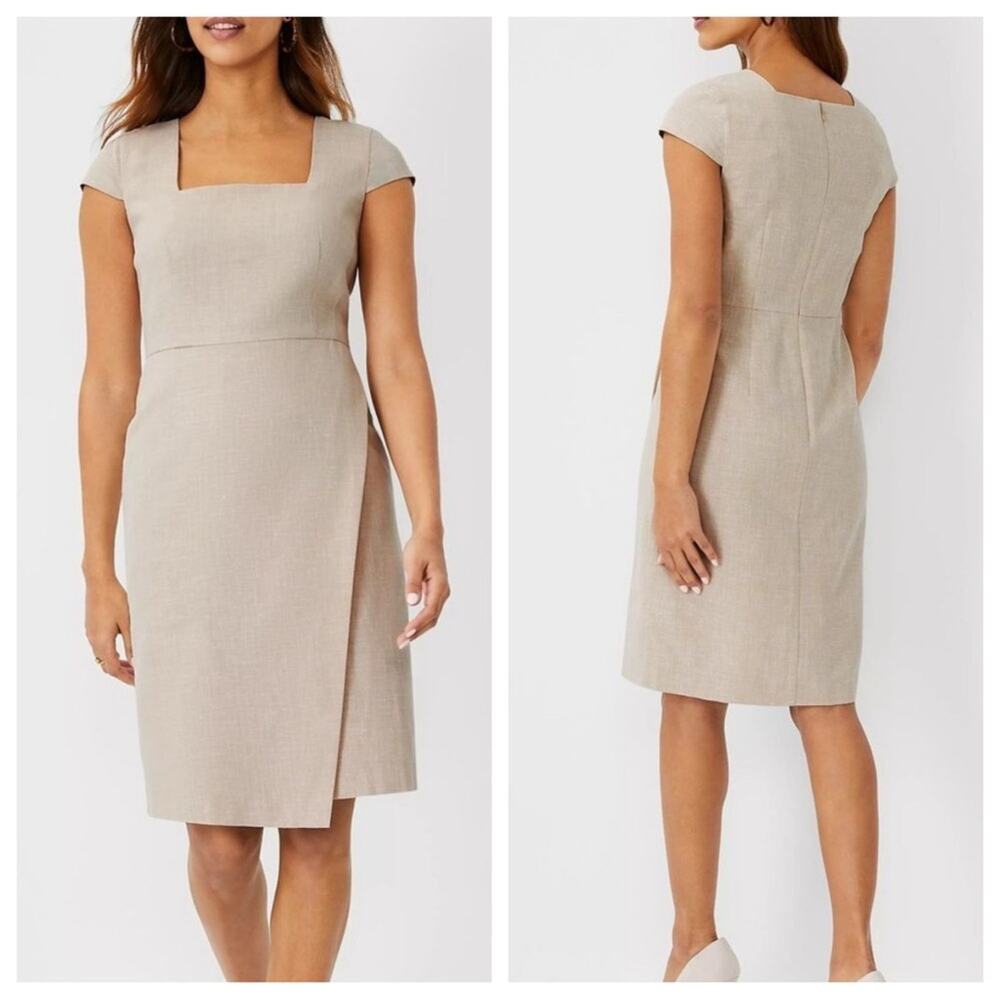 NWT Ann Taylor Linen Blend Square Neck Faux Wrap Sheath Dress - Size 2 Petite
